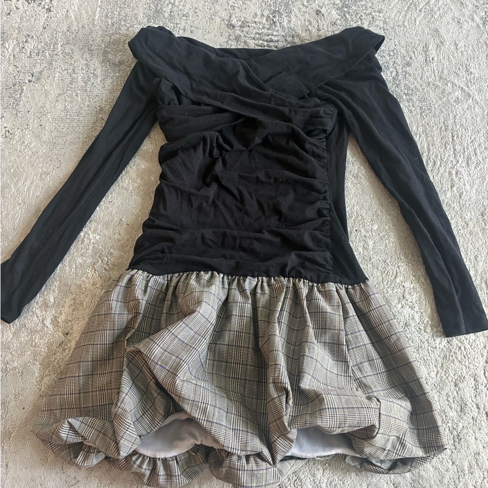 Black and Plaid Off-Shoulder Dress